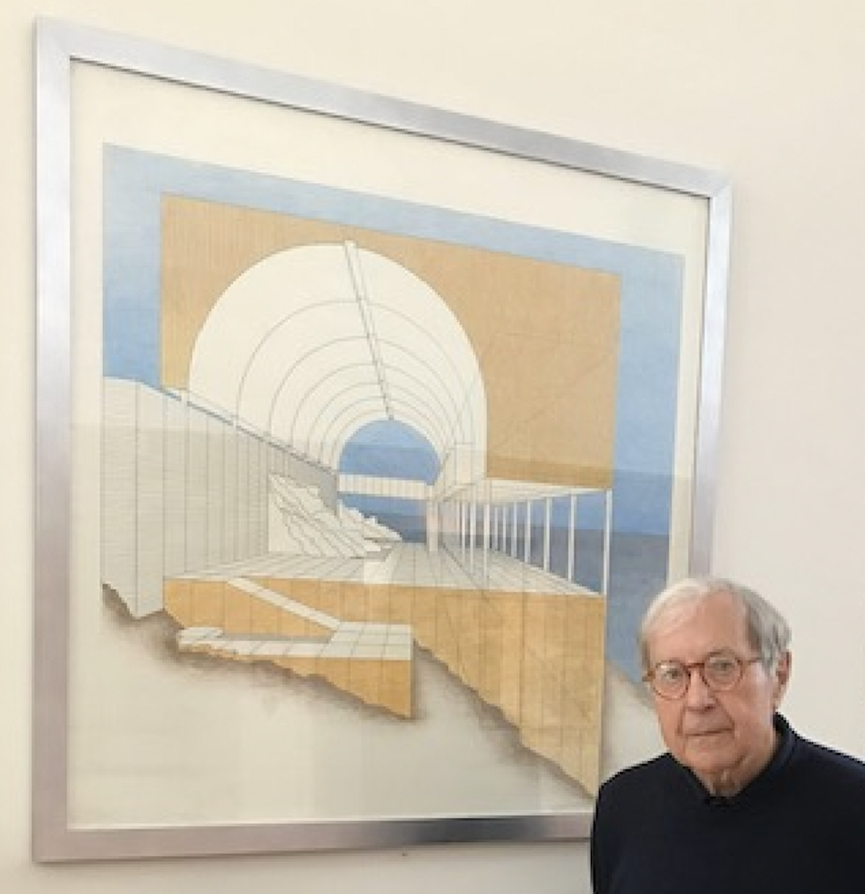 A man standing near a framed rendering of an architectural design