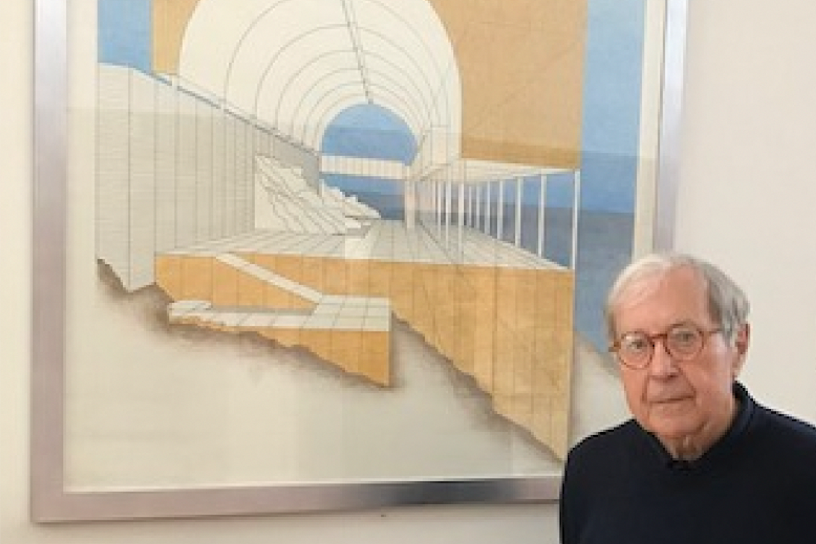 A man standing in front of a framed design rendering of a building