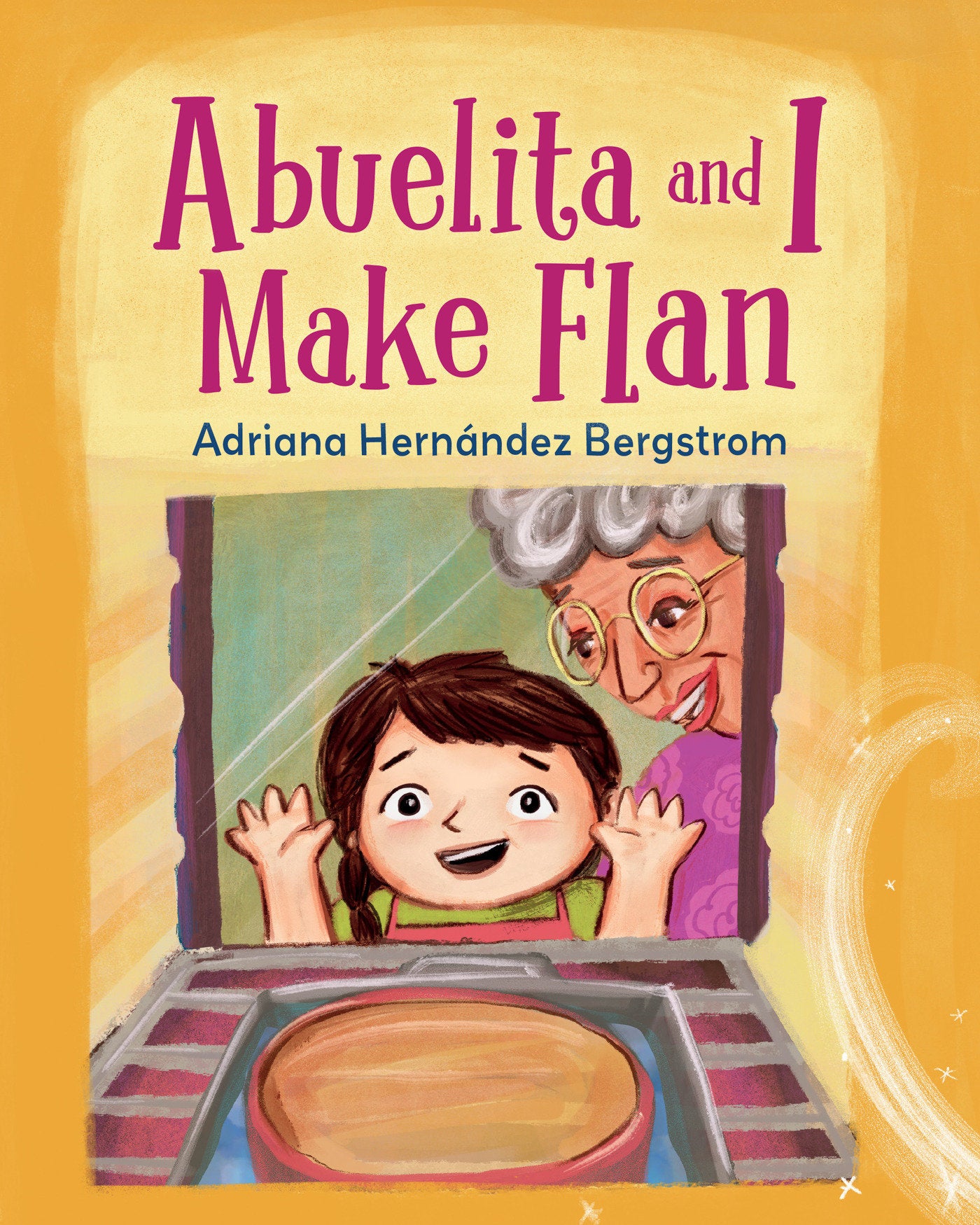 A book cover featuring a girl and a grandmother looking into an oven at a flan