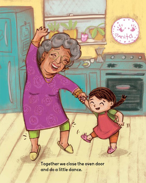 A drawing of a grandmother and a granddaughter dancing in a kitchen