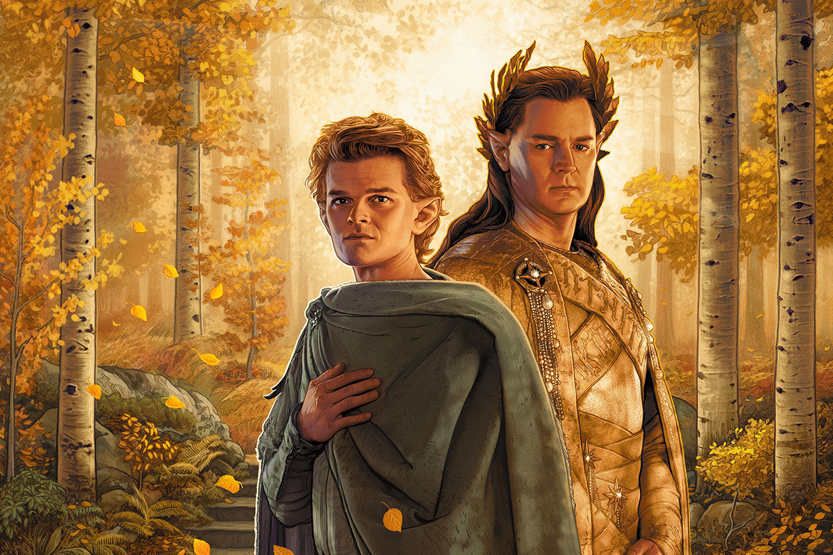 Two men in cloaks standing before a sunlit forest