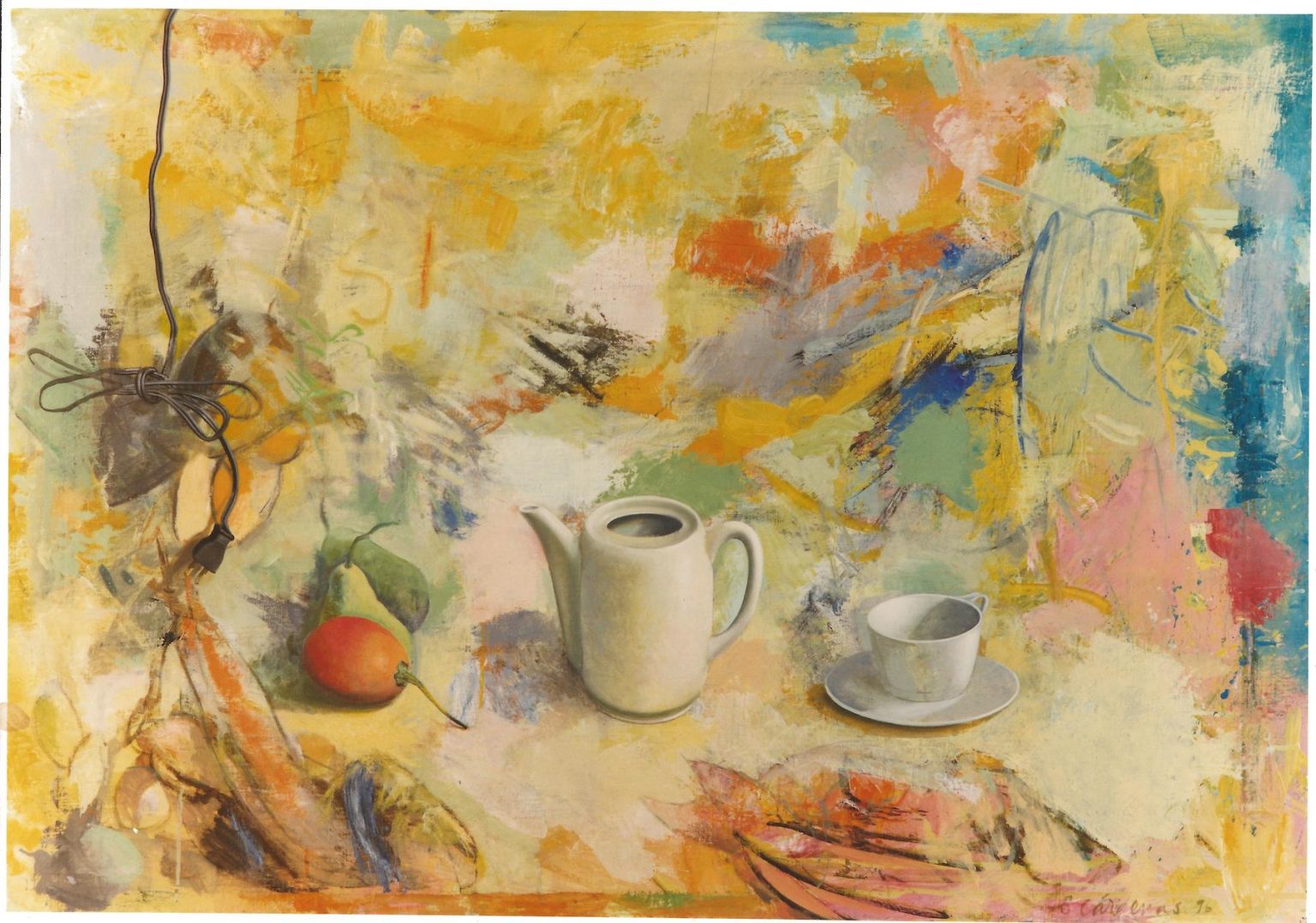 A golden still life painting of fruits, a teacup, a teapot, and a cable