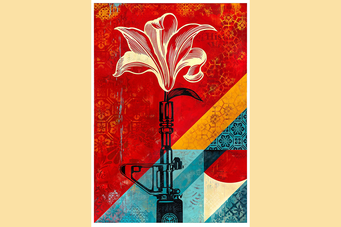 An artwork of a lily blooming out of a gun