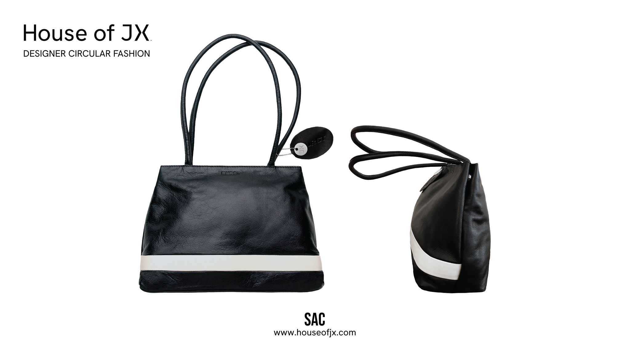A black purse with a white stripe