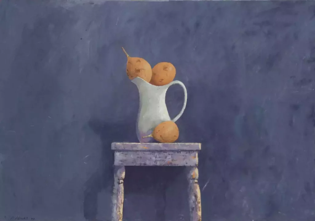 Two potatoes in a white vase while one is on a stool