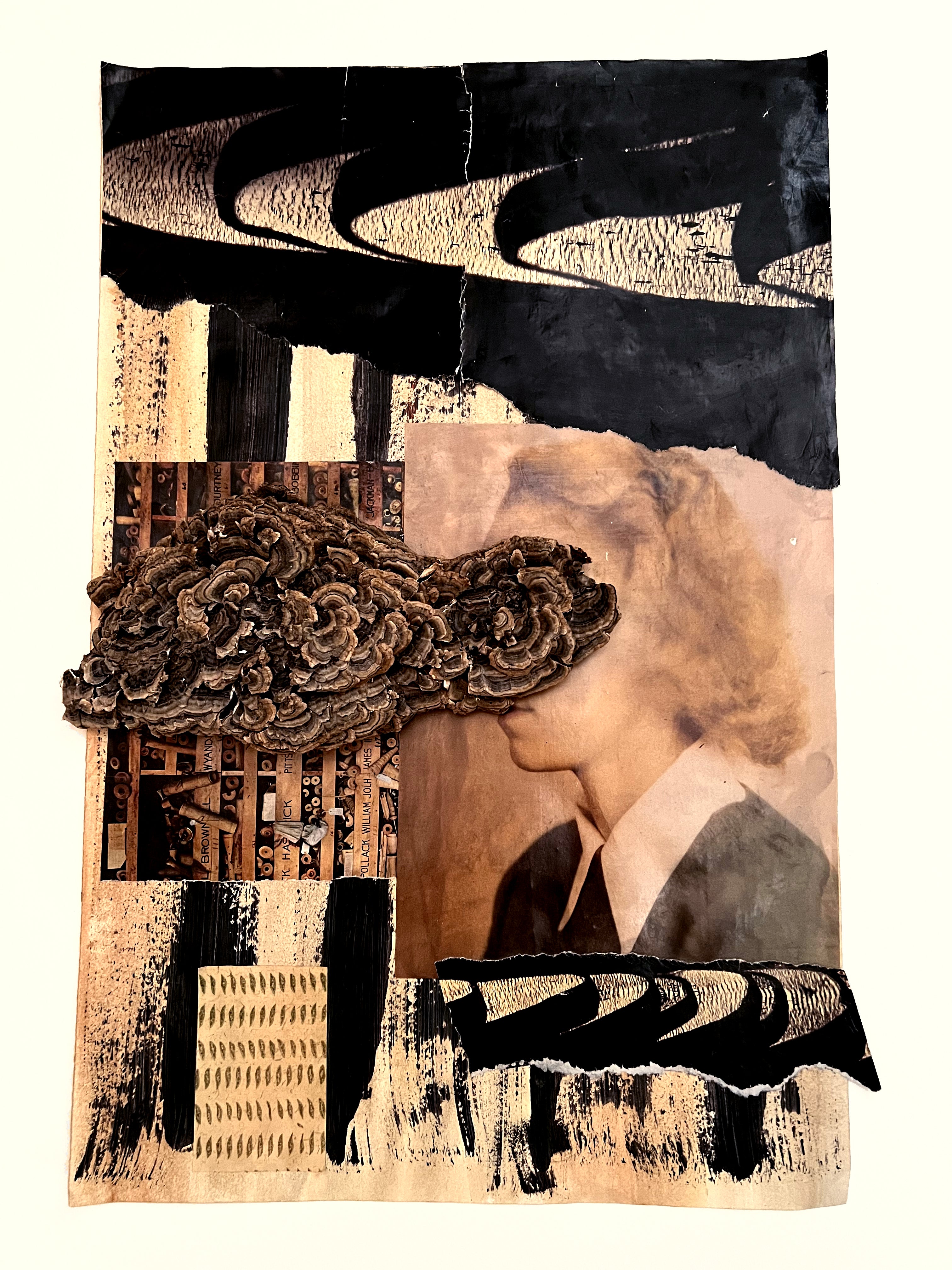 Collage on acrylic painted paper with a fungus clump on a face