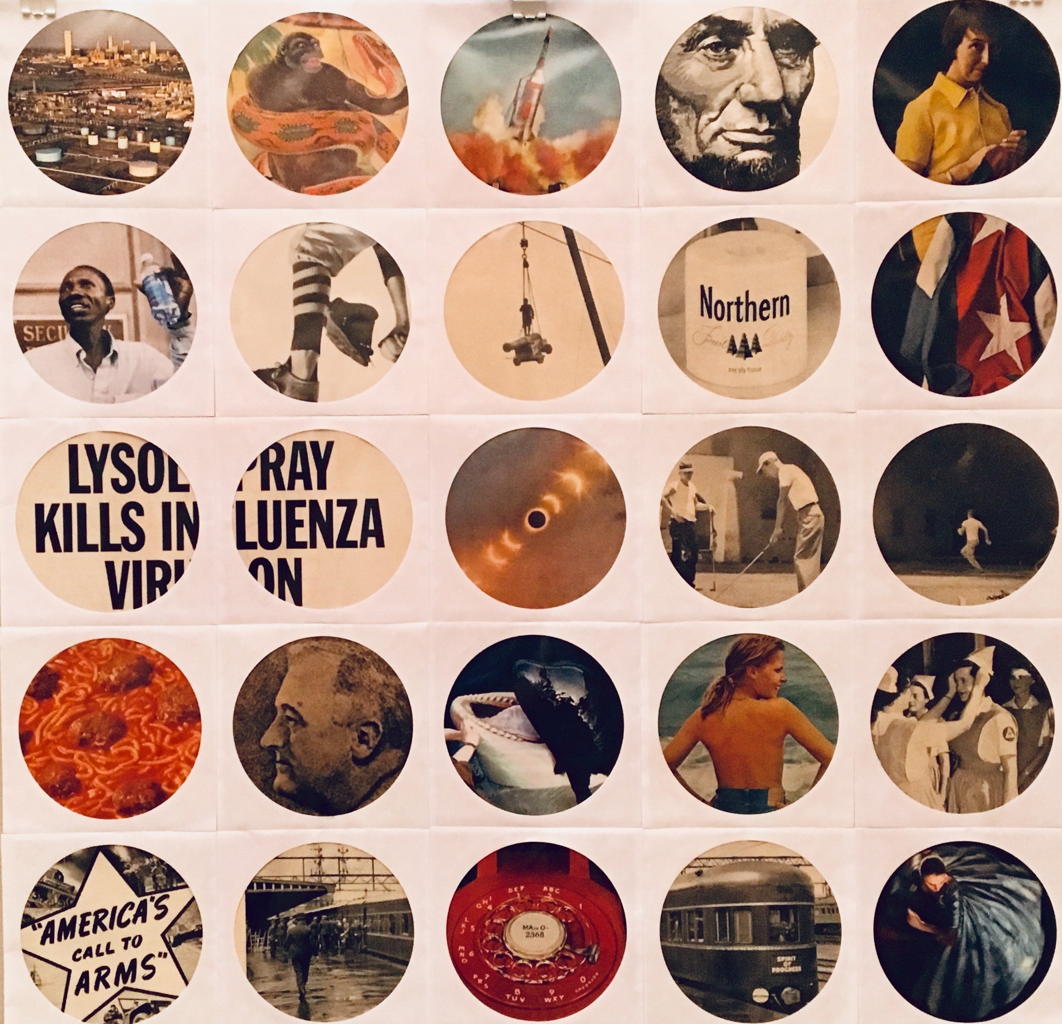 Collage of historic book clippings in paper CD sleeves with cellophane windows