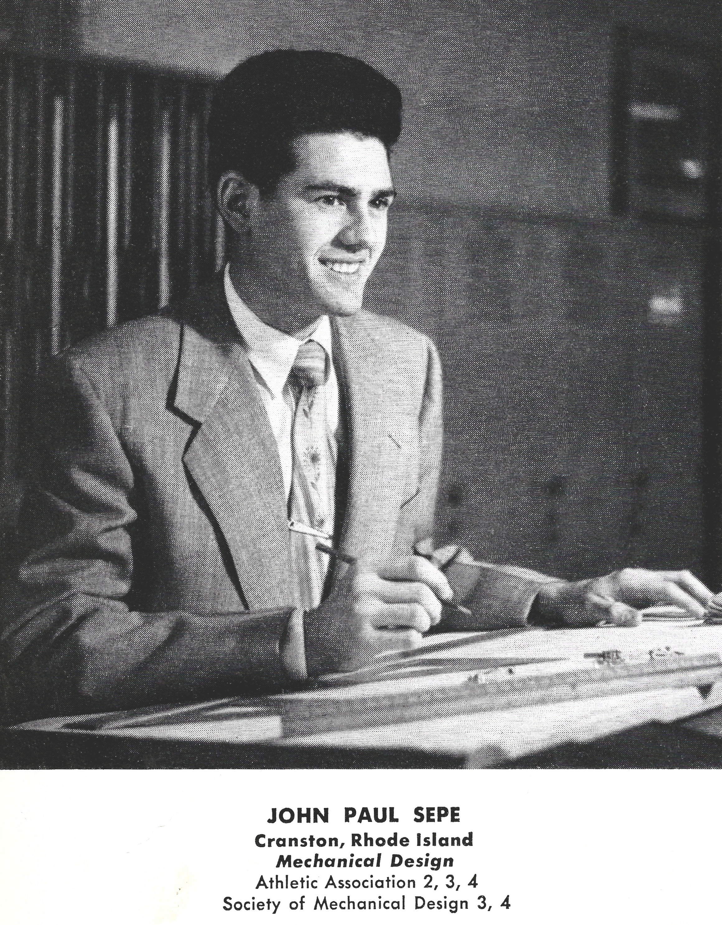 A black and white yearbook photograph of John P. Sepe