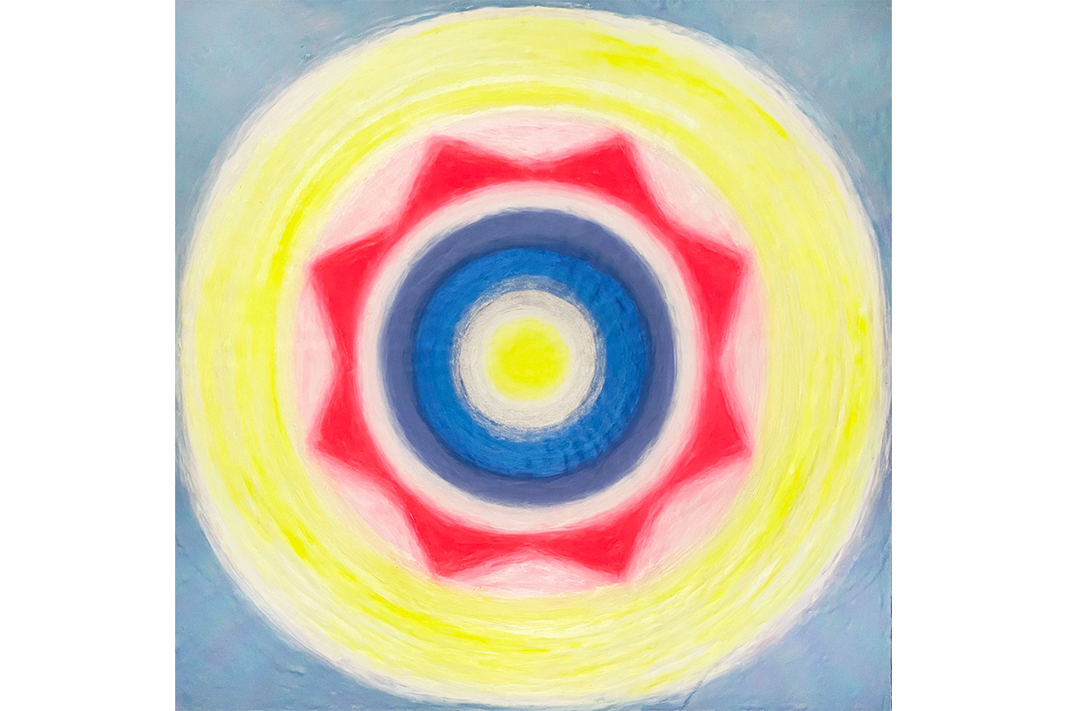 A painting of a pink, red, yellow, and blue starburst over a pale gray background