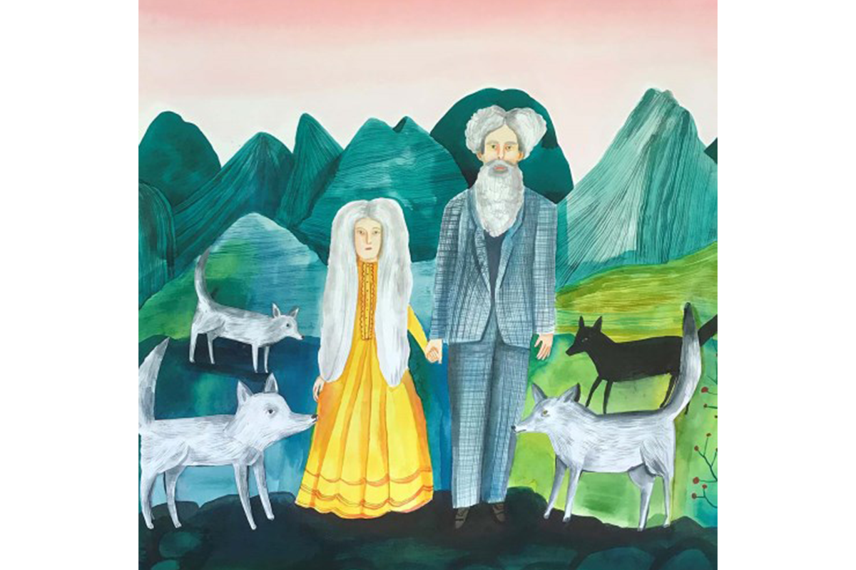 An art piece of a man and woman holding hands as they are surrounded by wolves