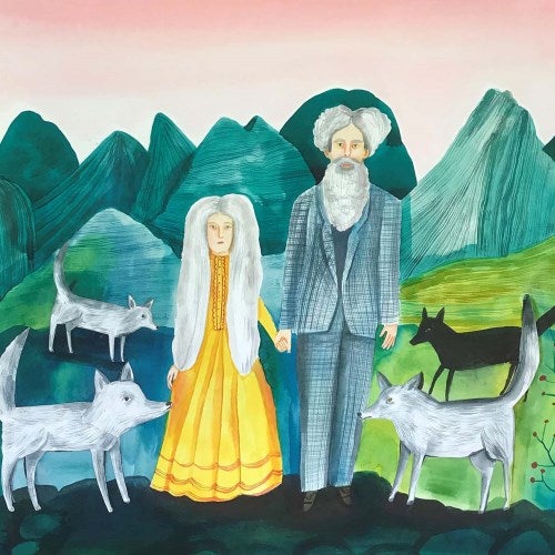 An art piece of a man and woman holding hands, surrounded by wolves