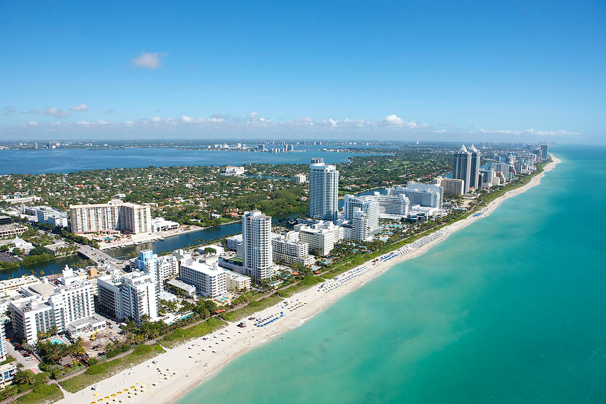 Aerial view of city buildings on Miami Beach shoreline