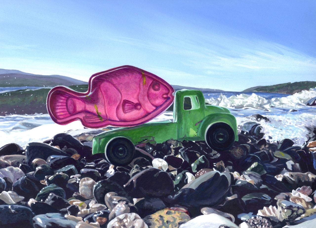 A painting of a pink fish on a green truck parked on a shoreline