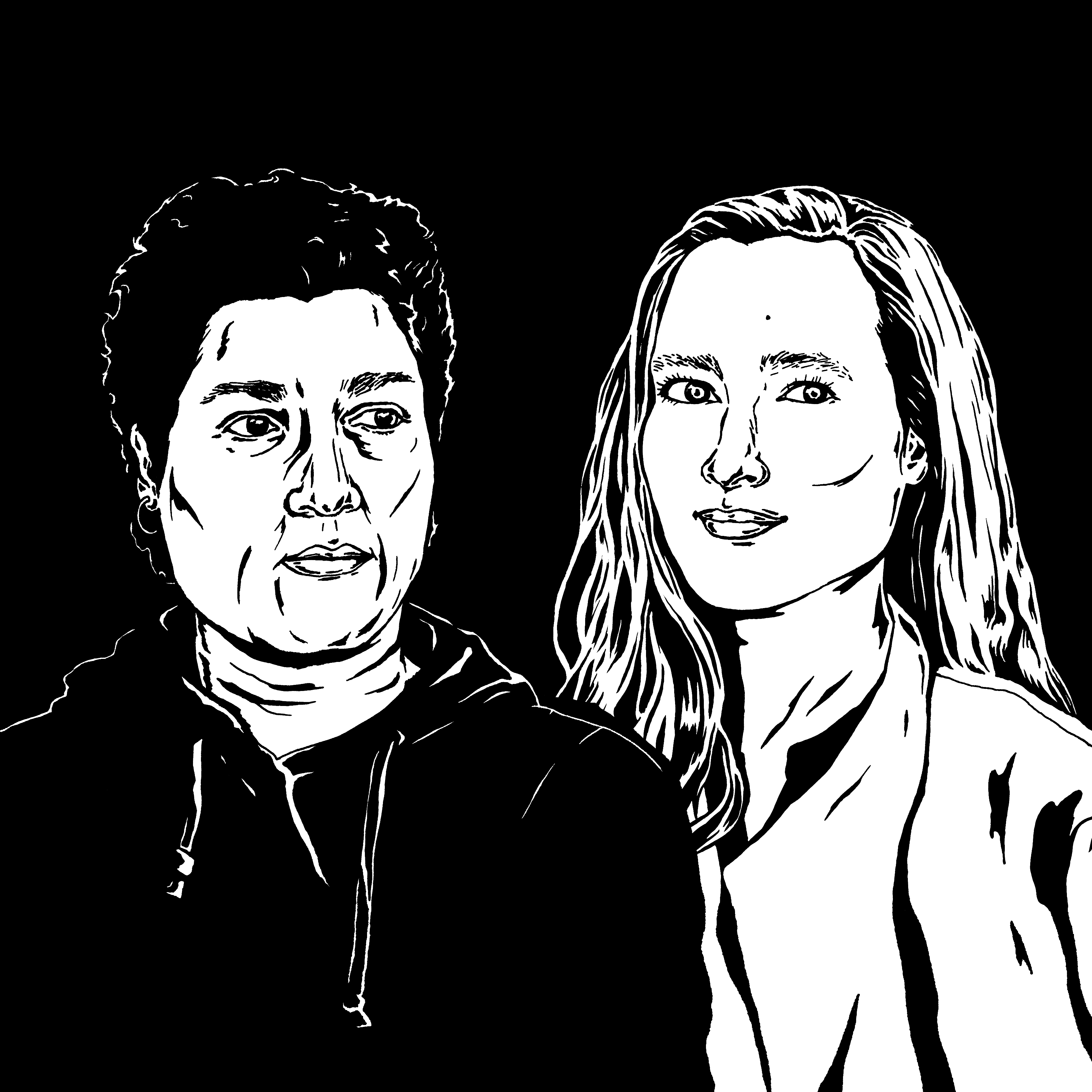Huma Bhabha and Shahzia Sikander black and white portrait illustration