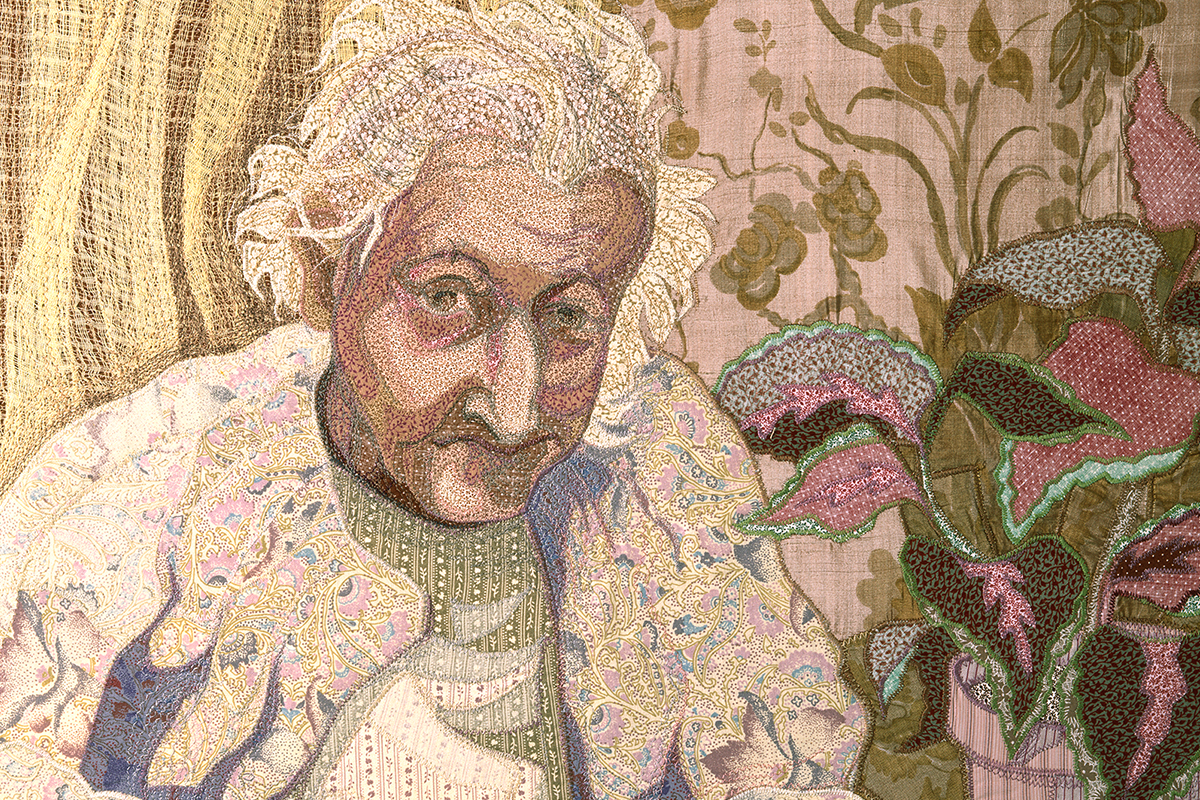 A work of thread depicting an older woman sitting beside a plant