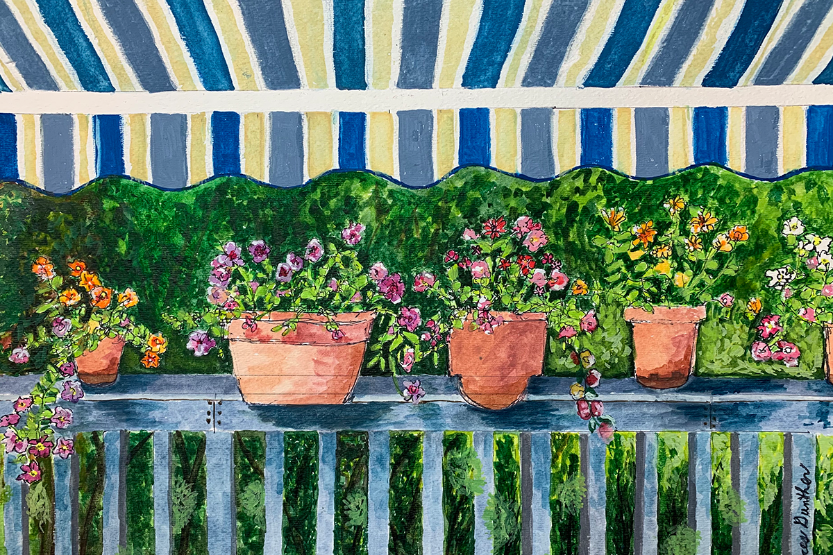 A painting of four potted flowers on a deck railing