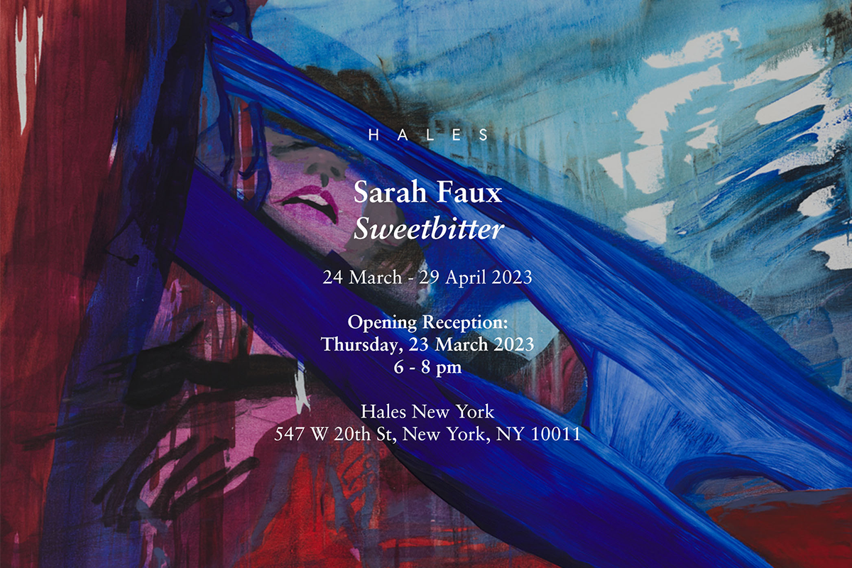 The exhibition's details in white text overlaying a red, blue, pink and indigo painting of a woman