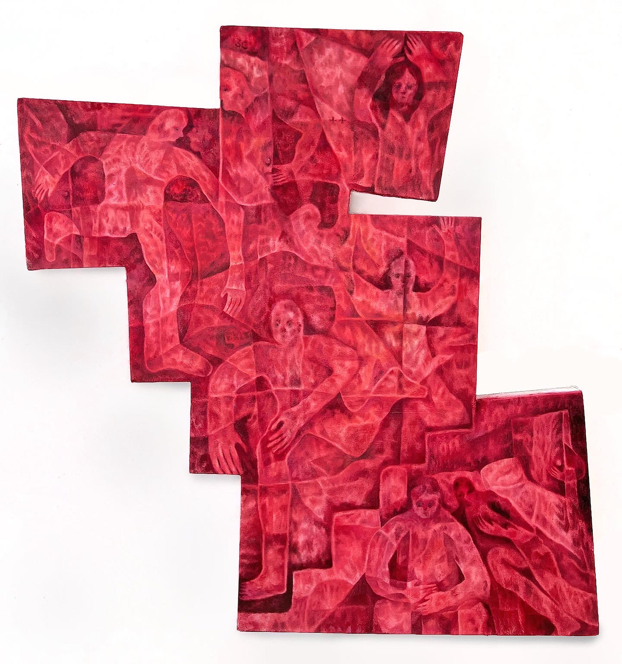 A red painting of juxtaposed figure