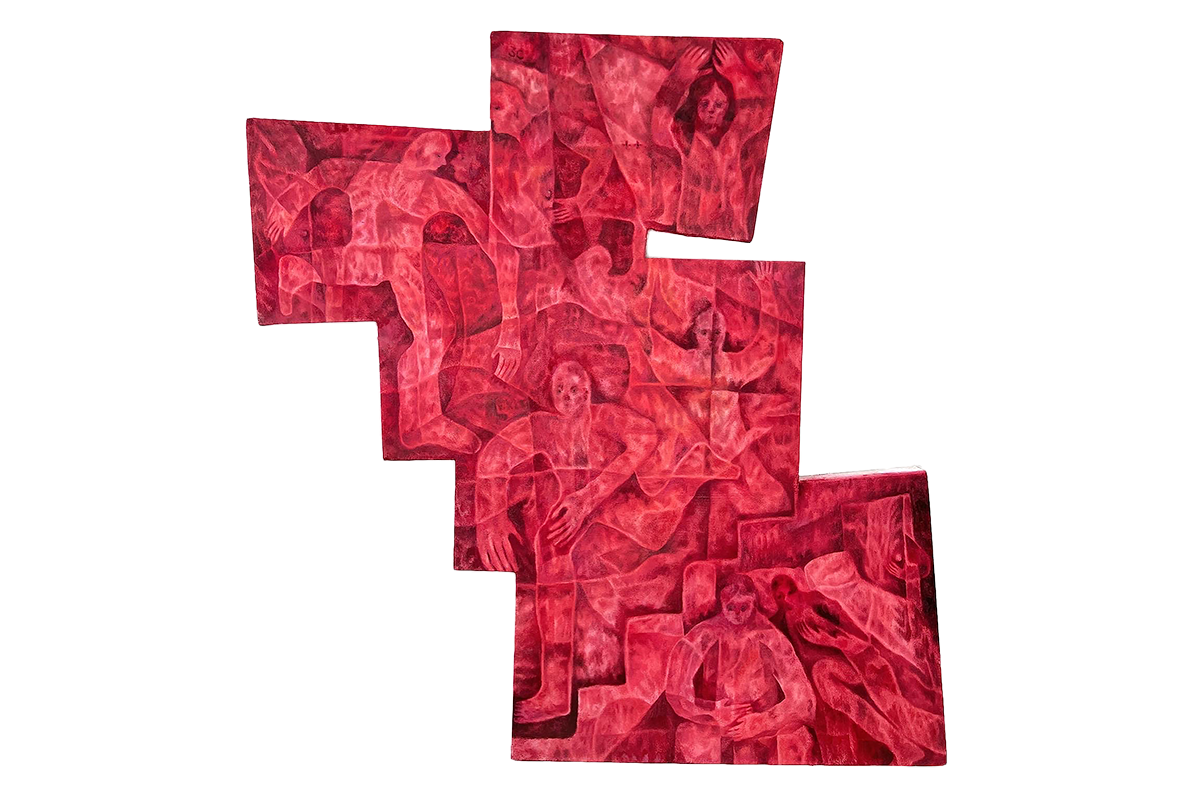 A red painting of juxtaposed figures