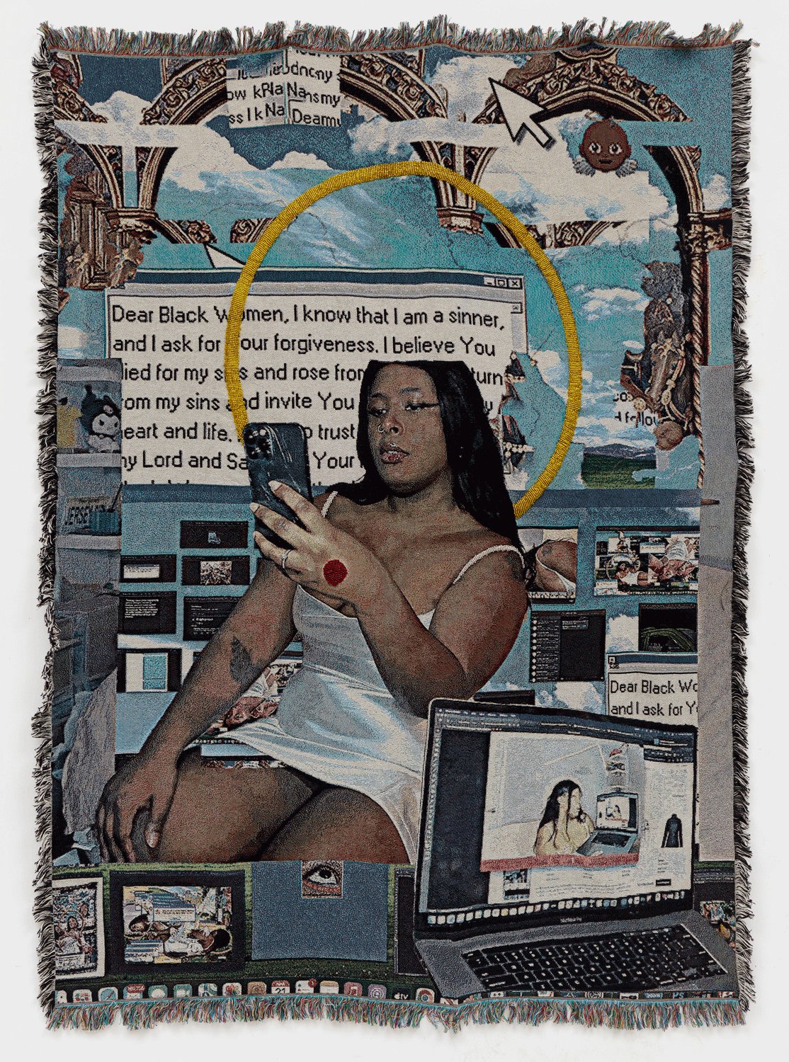 A tapestry of a woman juxtaposed with Internet browsing windows