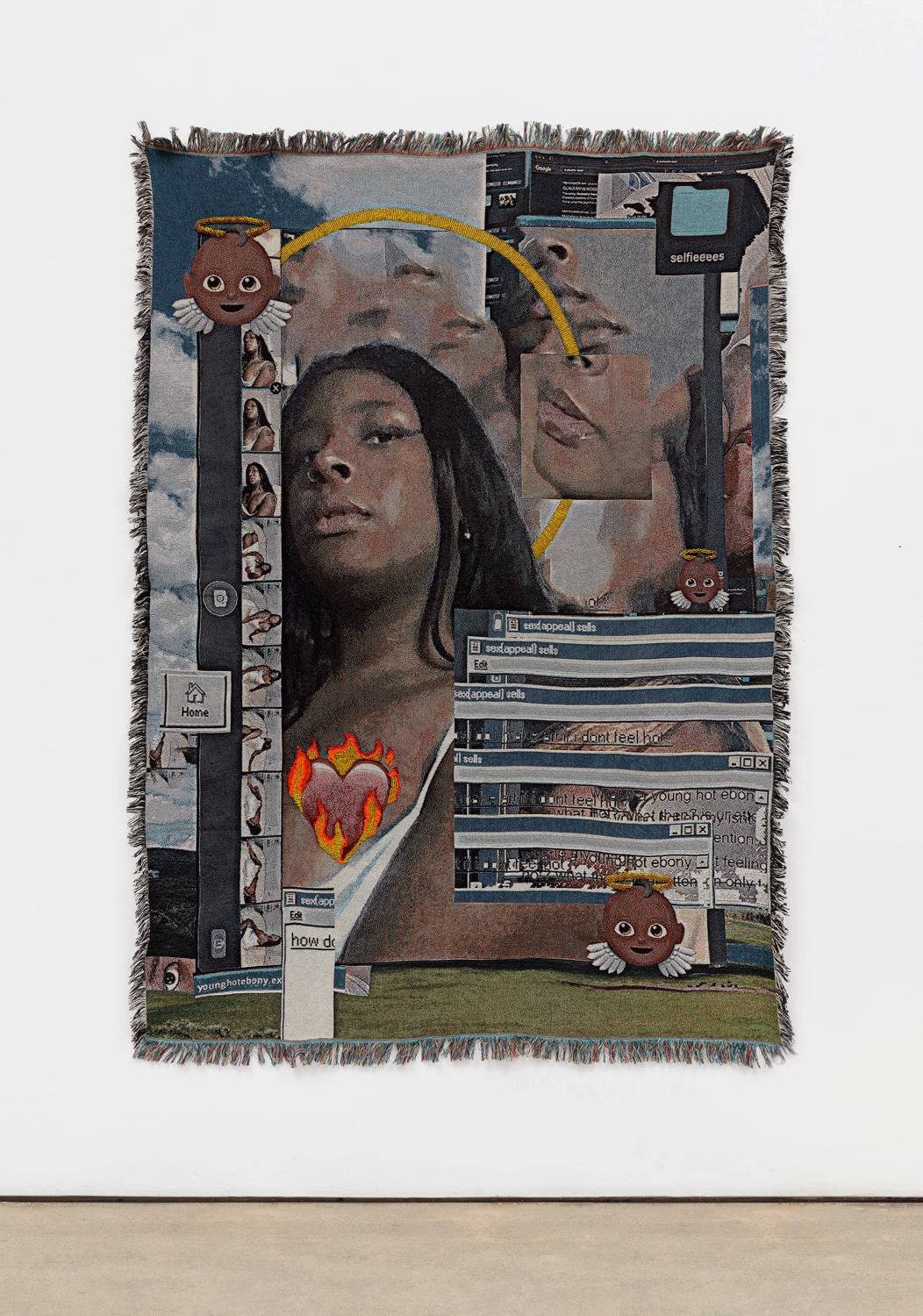 A tapestry of a woman juxtaposed by browser windows and images of herself