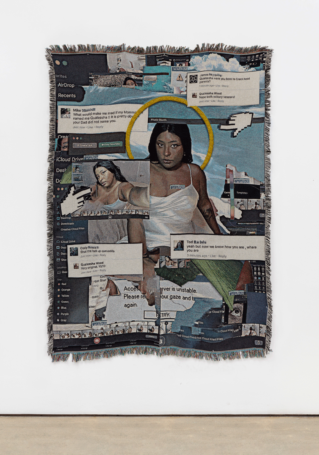 A tapestry of a woman surrounded by Internet comments and browser windows