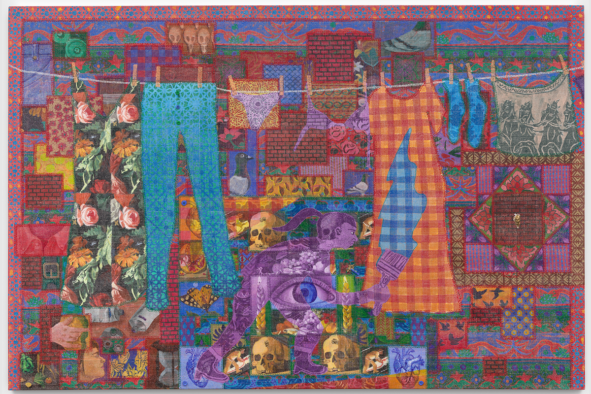 A painting of clothes on a line surrounded by flowers, skulls, faces, birds and more