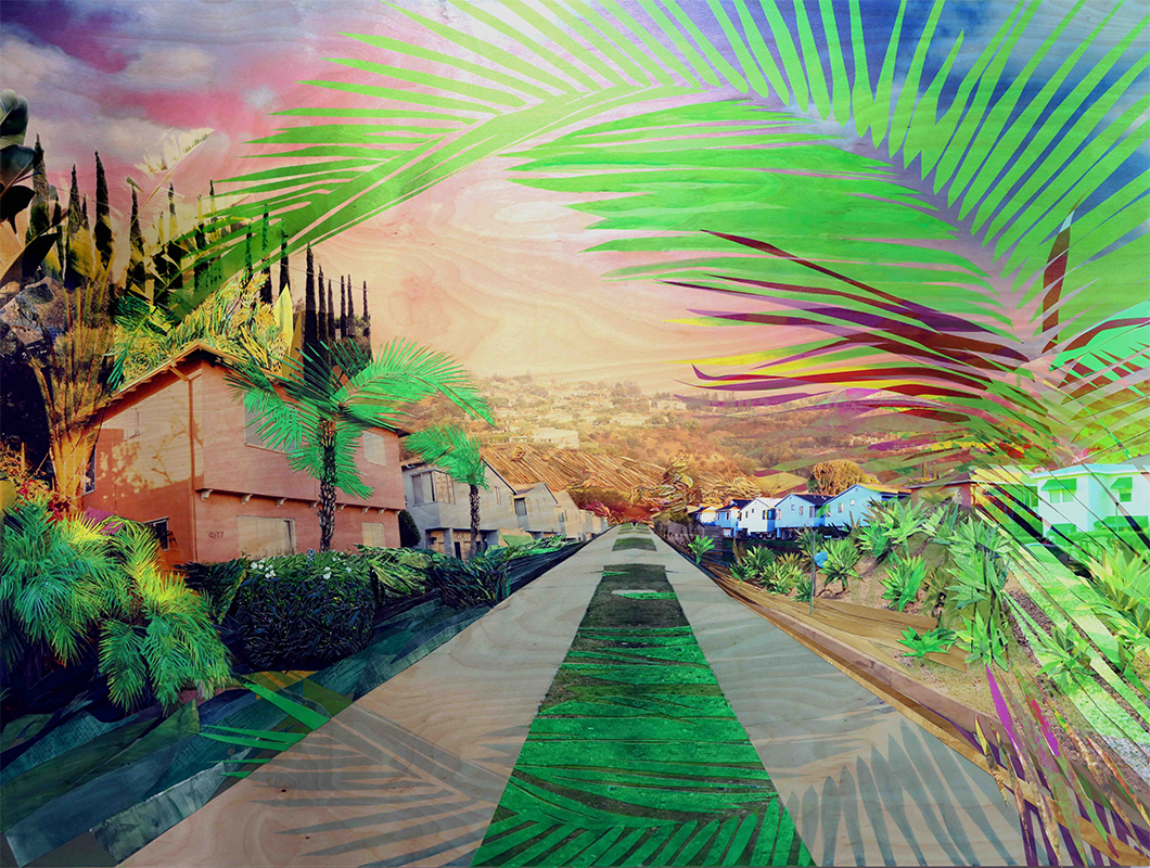 A print of a boulevard bordered by houses and palm trees