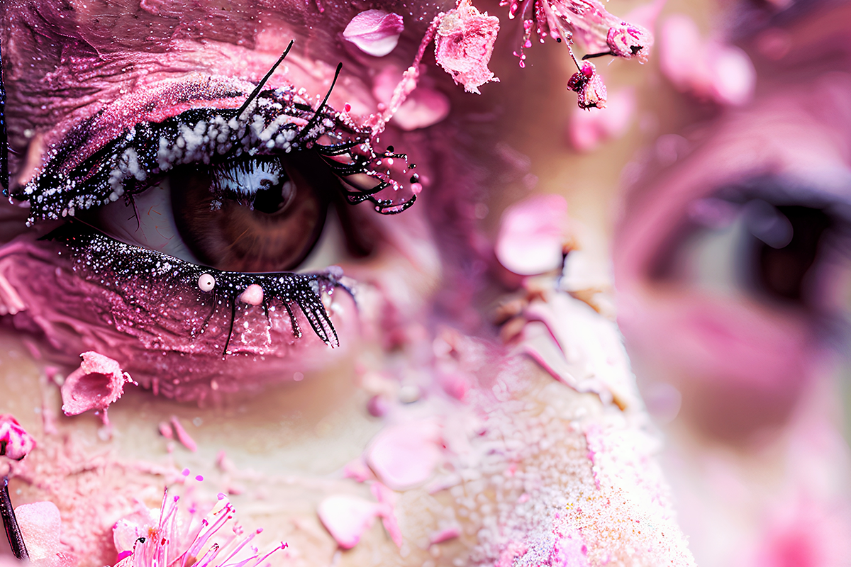 Brown eyes bordered by pink flowers