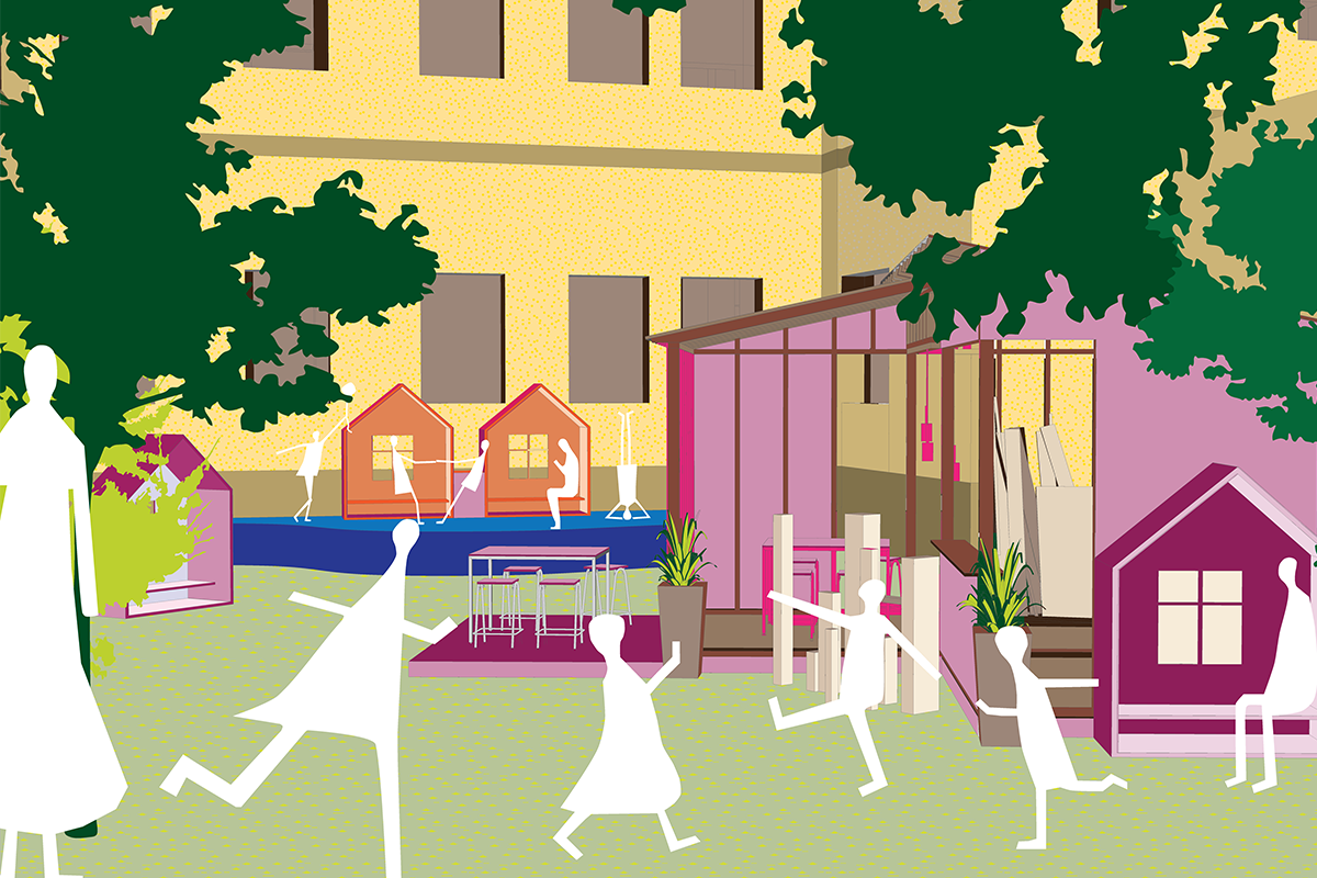 An illustration of children playing outside near a greenhouse, table and chairs