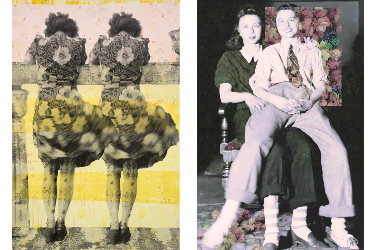 A print of two women in dresses from behind juxtaposed with a print of a person sitting on a woman's lap