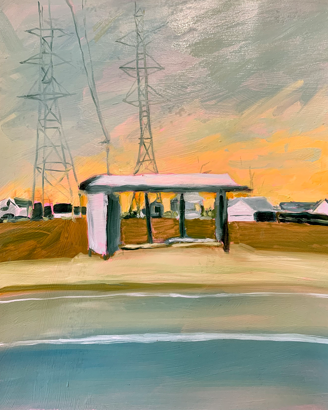 An illustration of a pink bus shelter against a sunset