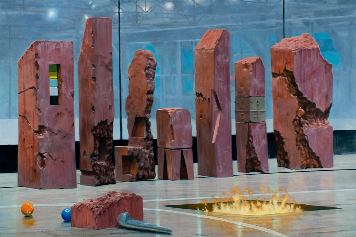A painting of seven oblong brick-red stone objects on a gymnasium floor, behind billiard balls and a pit of fire