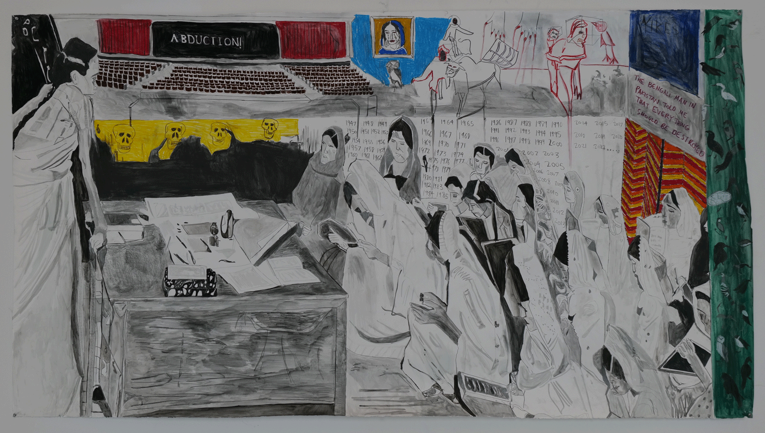 An artwork of individuals taking notes in front of a desk, with the word "Abduction!" on a screen in the background