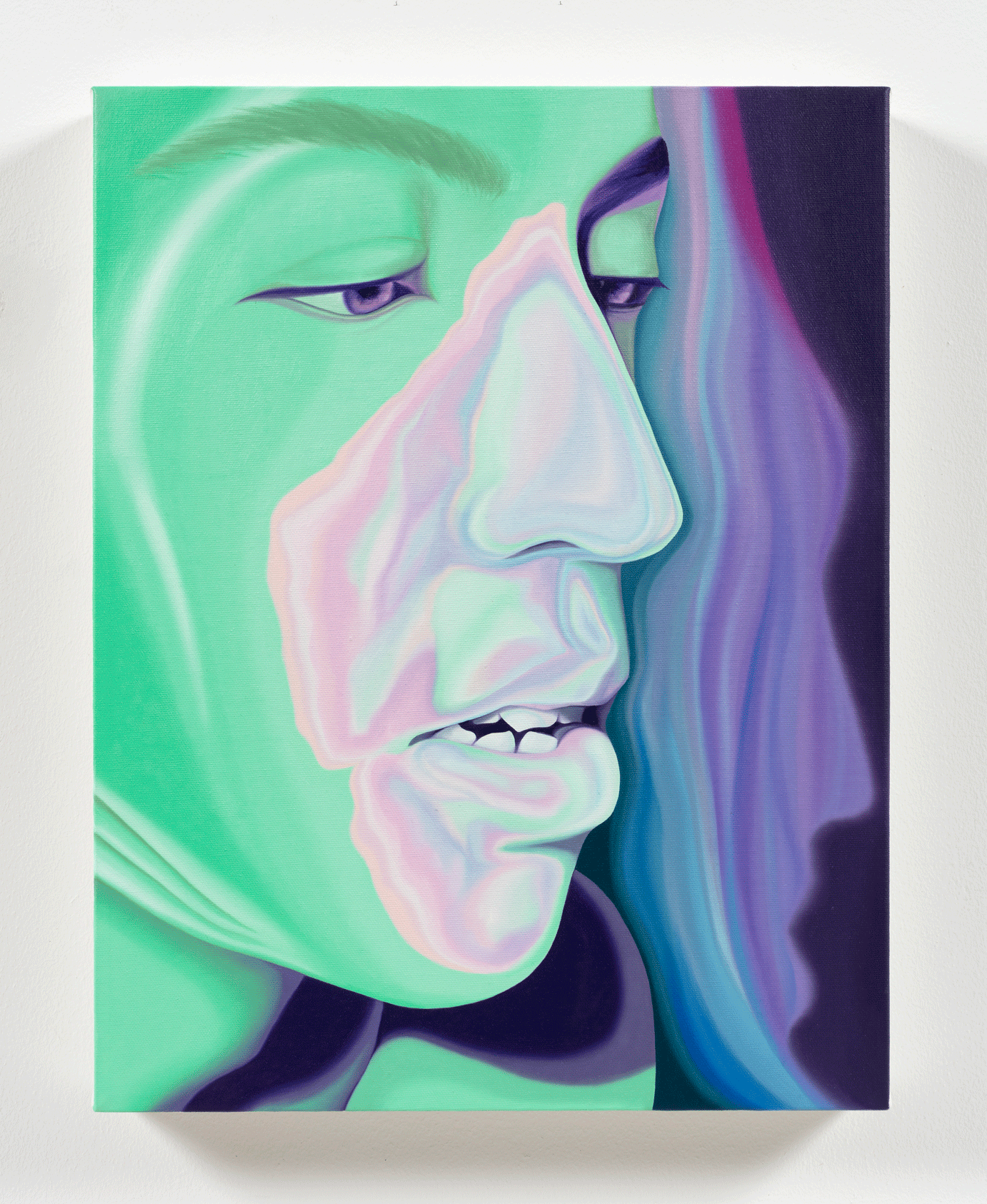 A painting of a person's face, green