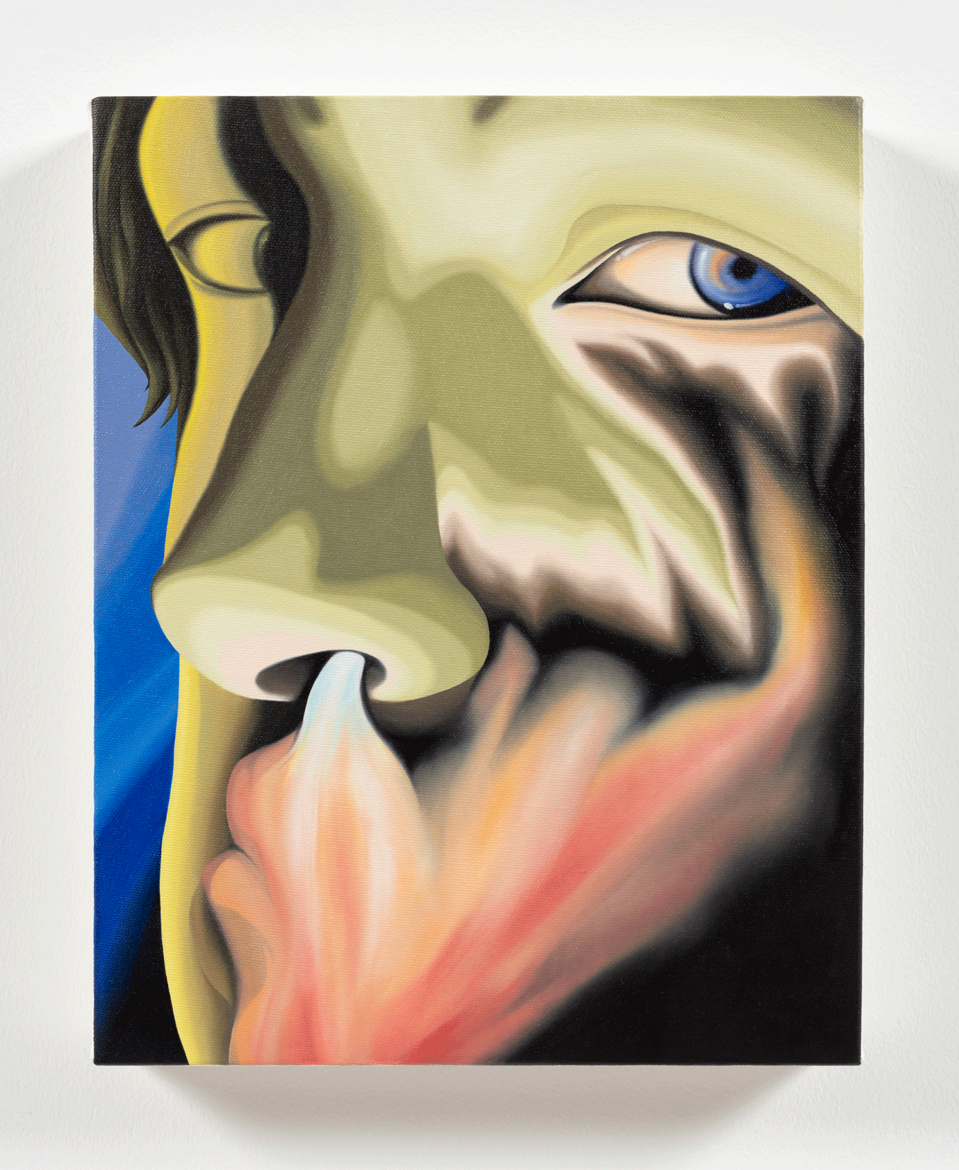 A painting of a person's face, yellow with warped features