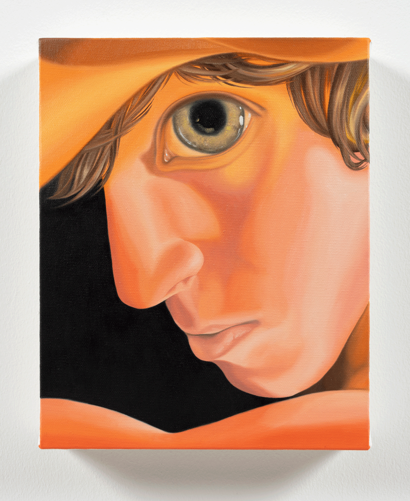 A painting of a person's side-profile with a large pupil