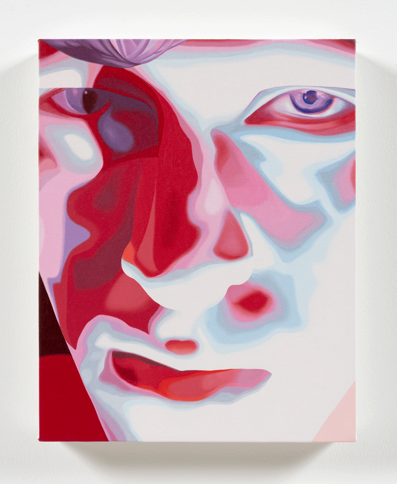 A pink and white painting of a person's face