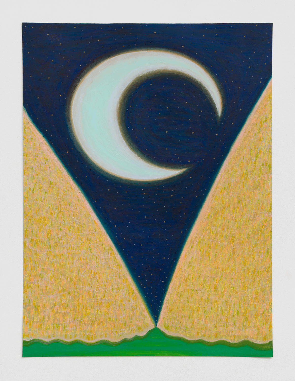 An illustration of a crescent moon in the sky, sounded by yellow