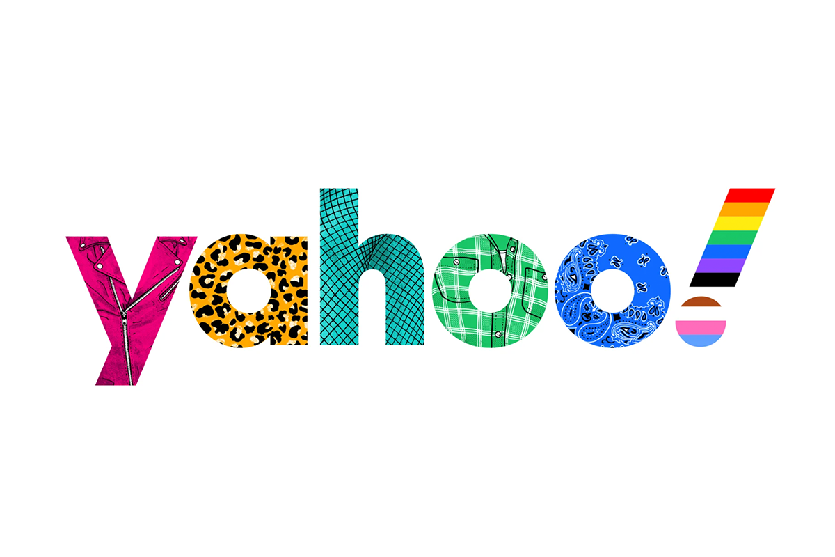 Pride edition of Yahoo! logo with colored and patterned letters