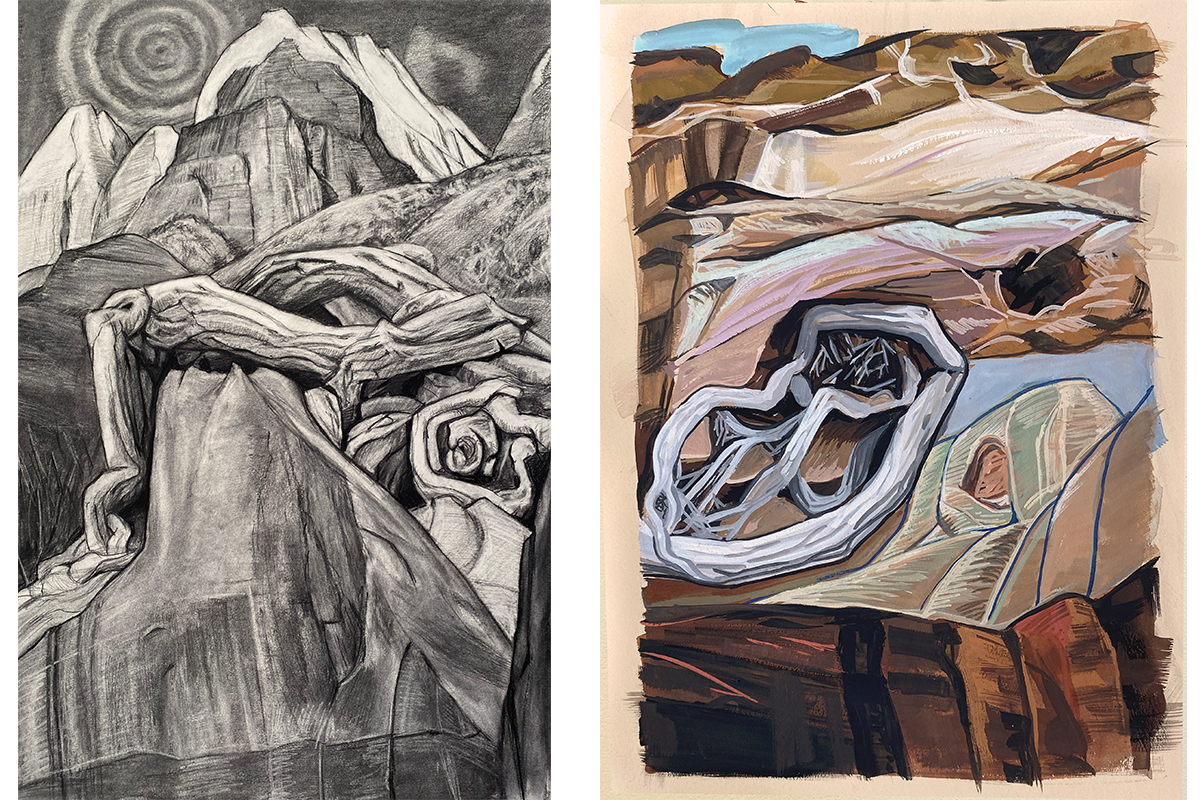 A black-and-white painting of canyons juxtaposed with a multi-colored painting of canyons