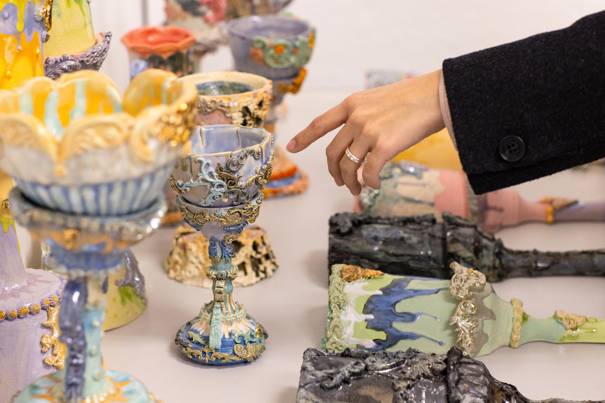Grad student Jaewon Kim created ceramic pieces intended to make viewers think about their religious beliefs.