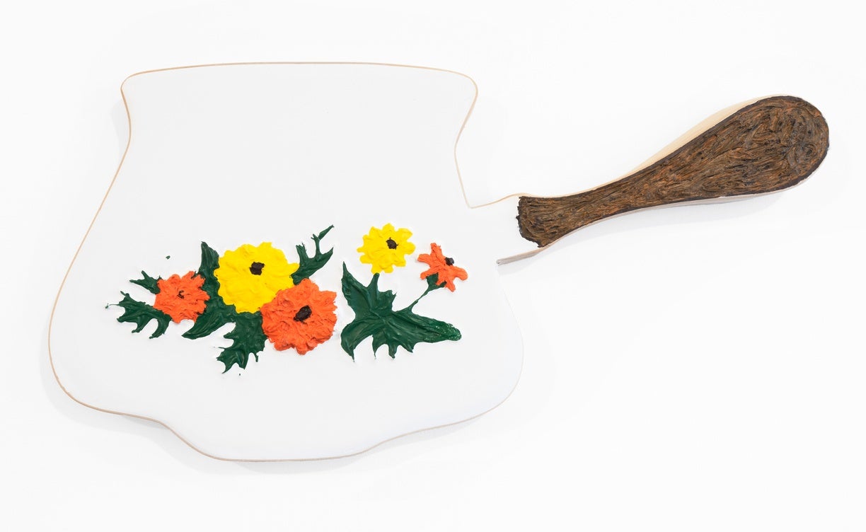 Billly Frolov, Enamelware: Saucepan, 2019. Acrylic & Enamel poured into shaped Panel, 21” x 22”. Courtesy of the artist Billy Frolov, Los Angeles.