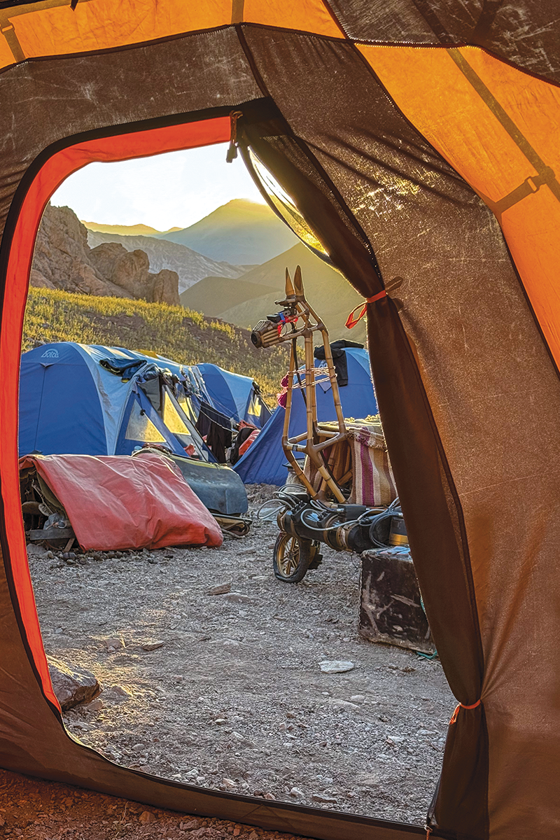 The Guanaquerx robot resting at camp after a day of navigating the rugged terrain of the Andes.