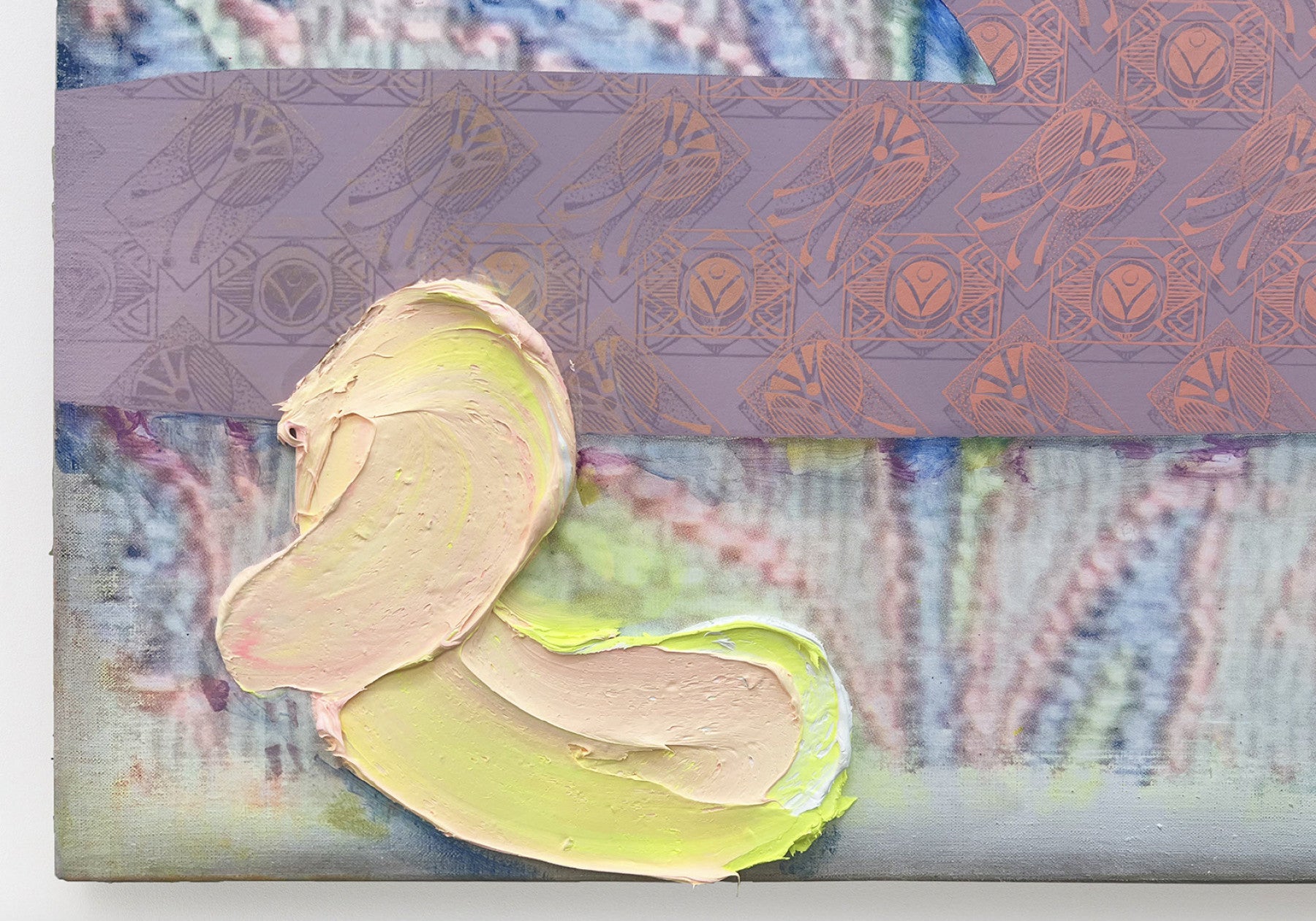 Untitled (detail) 2024 Oil, Flashe, and screen-printing ink on linen 108⅛ × 84¼ inches; 275 × 214 cm