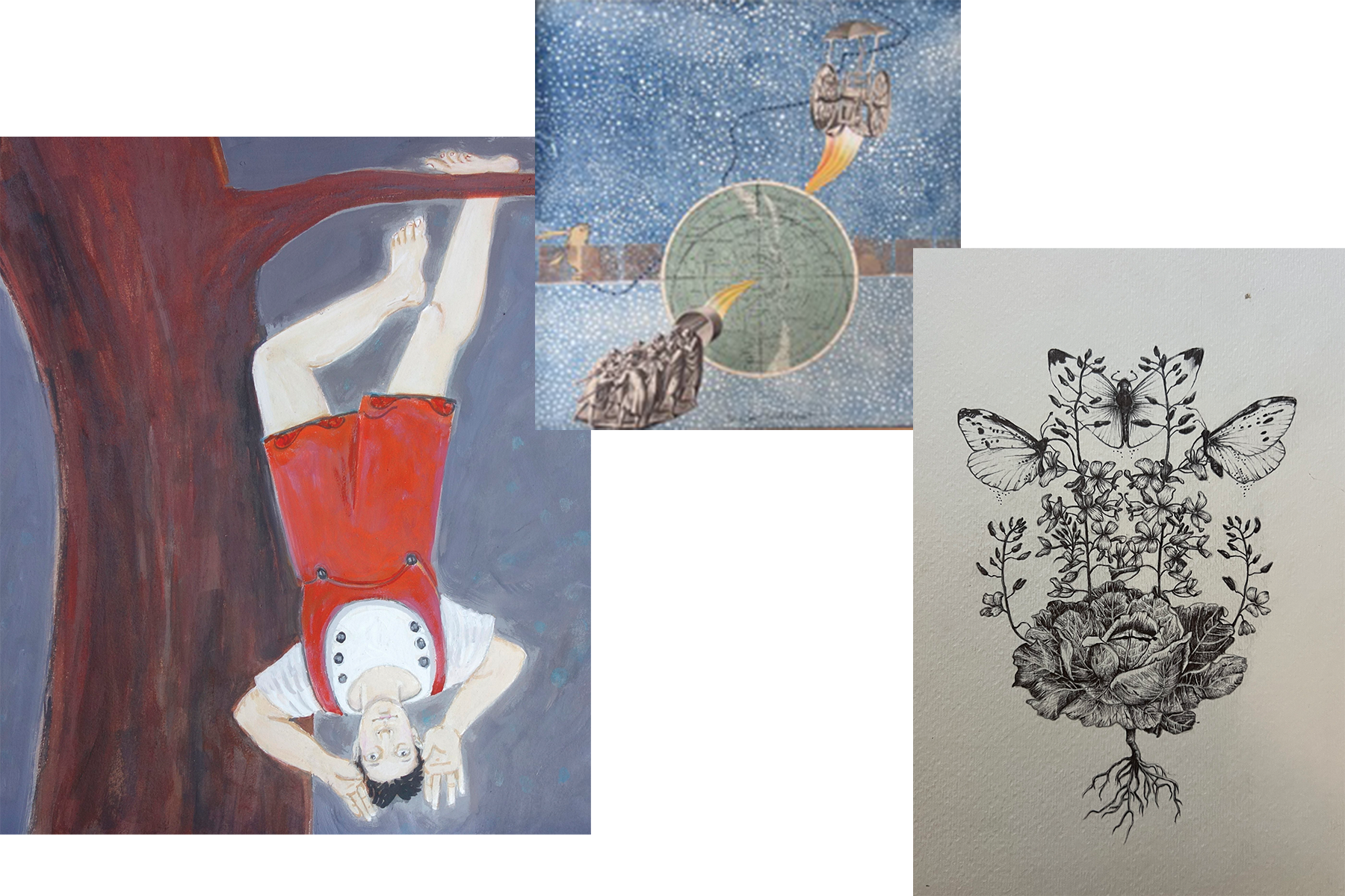 Image credits: Installation view of “Touchpoints”, a recent exhibition at Union Hall Gallery. Left: Paula Wittner, “Hanged Man”. Center: Sibyl Rubottom, “Swing Low, Sweet Chariot”, collage. Shauni Hope Lin, “Cabbage White”. Courtesy of Union Hall Gallery.