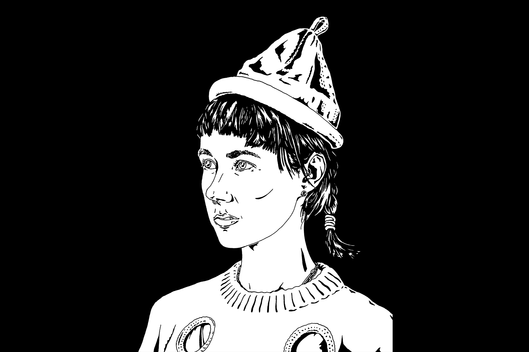 DEGEN illustrated in black and white wearing a knit sweater and beanie