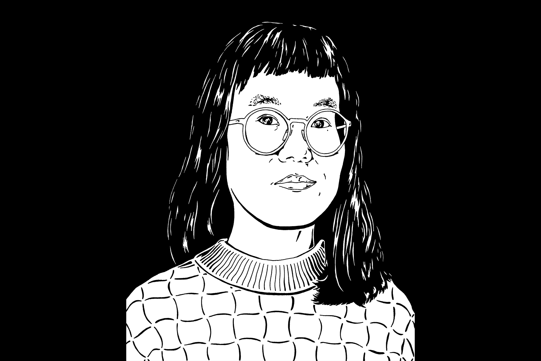 Illustrated portrait of JooHee Yoon in a mock neck sweater and glasses