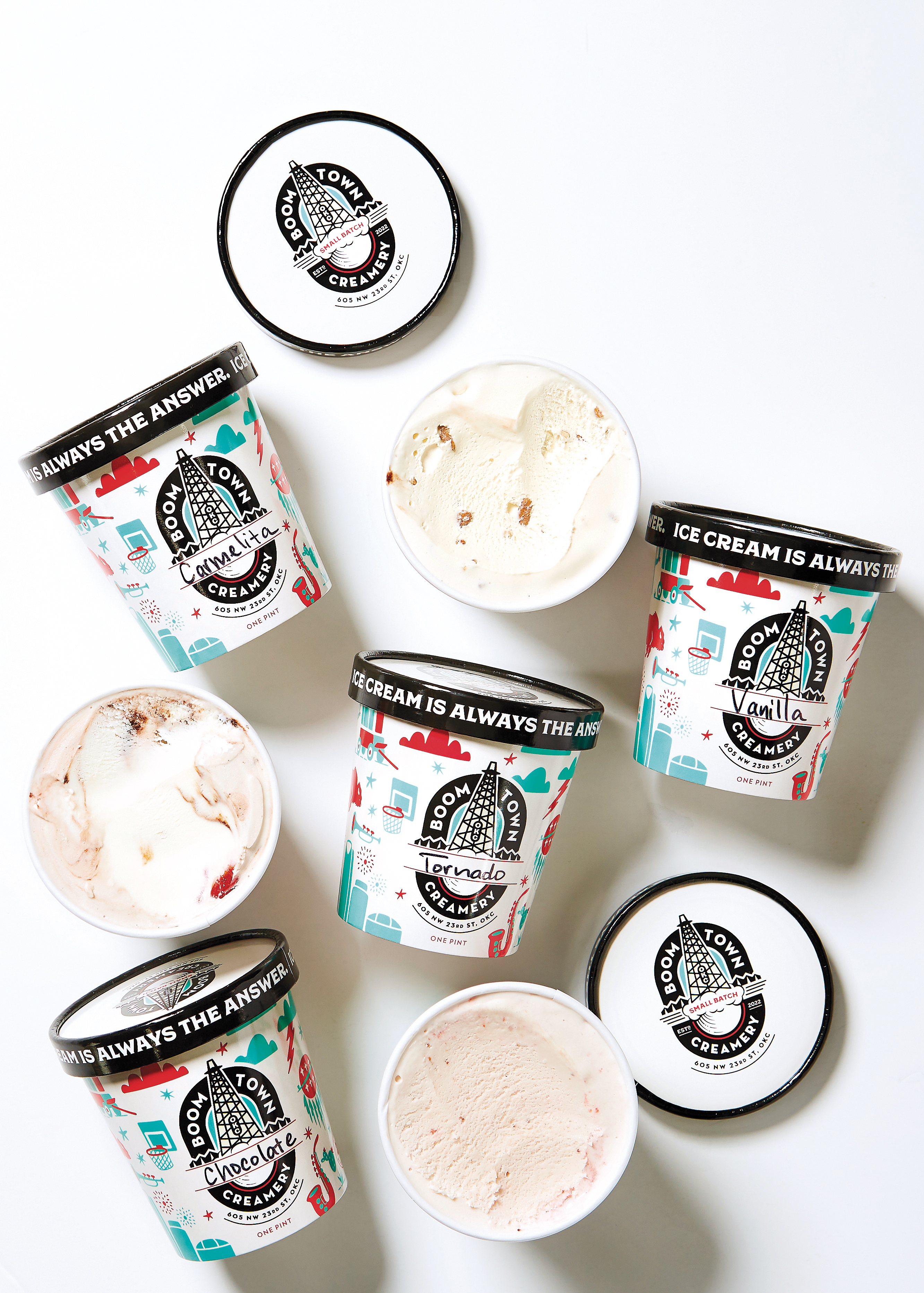 Pint ice cream cartons from Boom Town Ice Cream