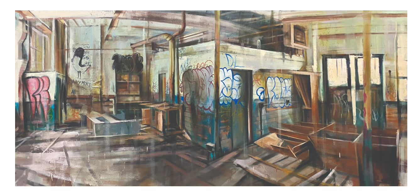 Camp Oil on Linen 30 x 72 inches  An abandoned concentration camp. My passion is to capture urban environments before they disappear from the American Landscape.